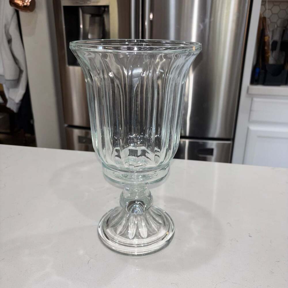 Home Interiors Clear Glass Ribbed Hurricane Vase Candle Holder 11”